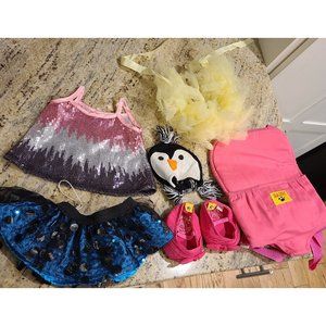 Build A Bear BABW Pink Party Dress Sequin Shoes Backpack Skirt Blue Penguin Hat